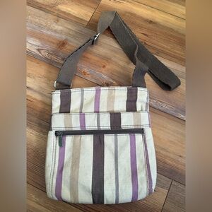 Thirty One Striped Crossbody Bag Purse Flat Zip Pocket Brown Purple Beige